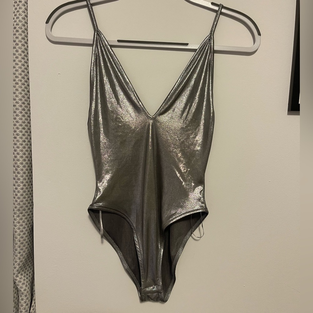 Silver plunge body suit